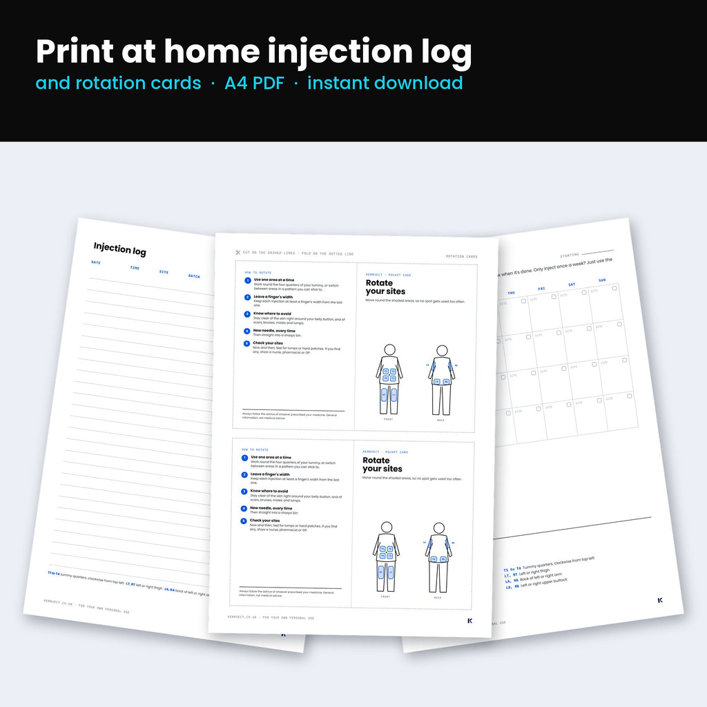Printable injection log and rotation cards (A4 PDF)