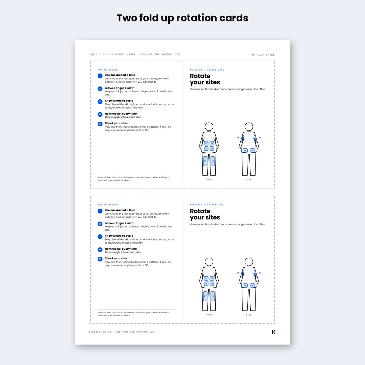 Printable injection log and rotation cards (A4 PDF)