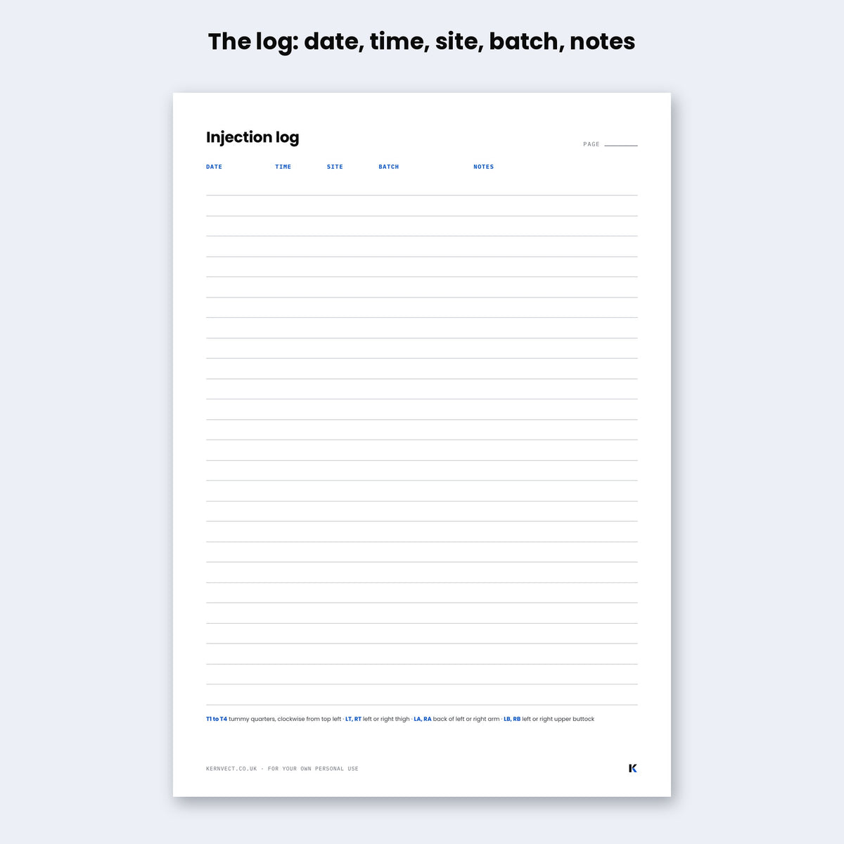 Printable injection log and rotation cards (A4 PDF)