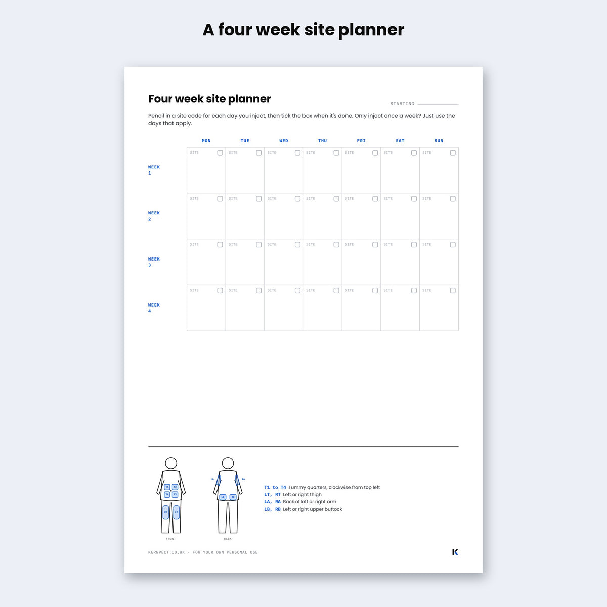 Printable injection log and rotation cards (A4 PDF)